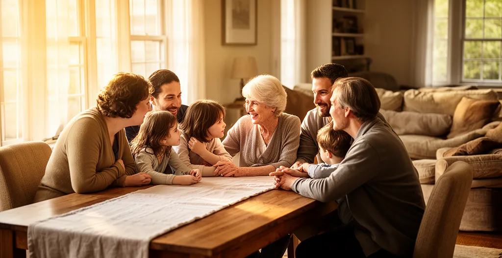 Famille de trois générations réunie autour d'une table dans une ambiance sereine
